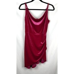 DOUBLE CRAZY Velvet Mini Dress Size M Fuchsia Pink Ruched Cowl Neck Asymmetrical